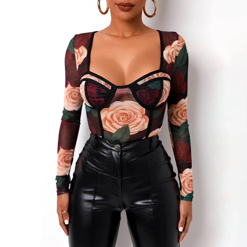 

Womens see through mesh jumpsuit rose printed long sleeve bodysuit for women clothing, Oem