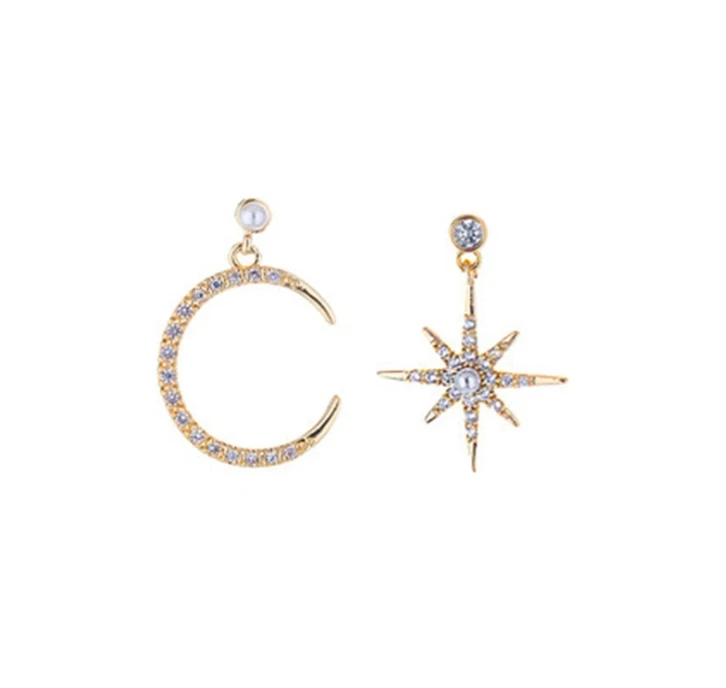 

Asymmetrical star and moon earrings high-grade micro-inlaid star and moon earrings female fashion personality earrings jewelry