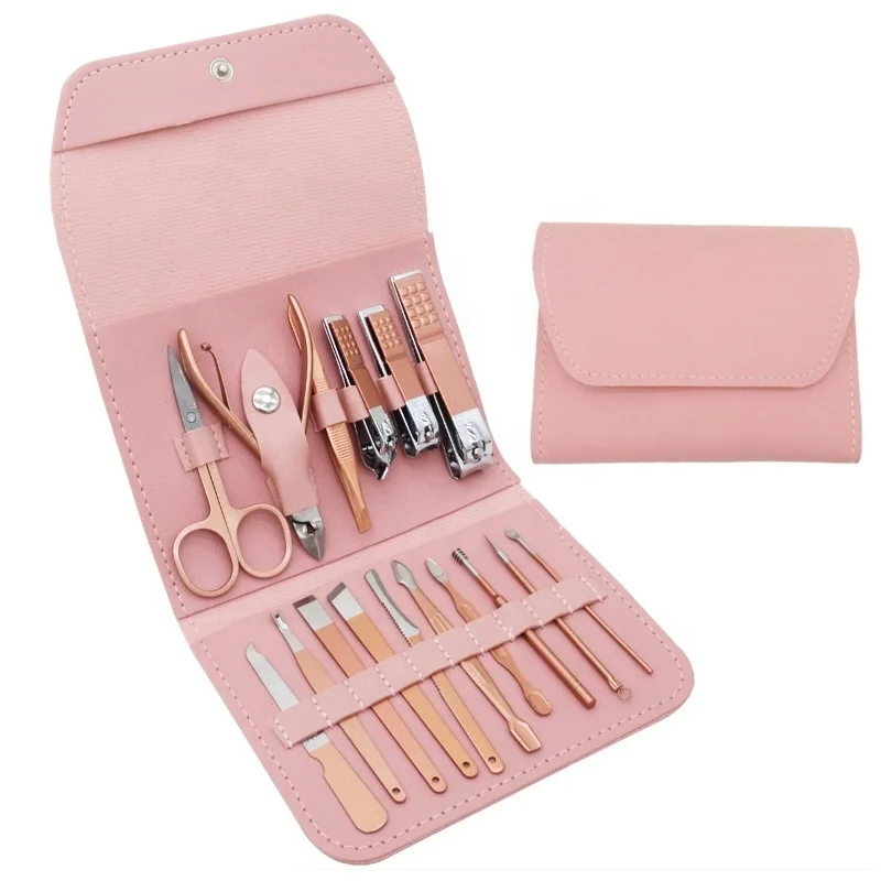 

Rose Gold PU 16 piece Pedicure Manicure Set Stainless Steel Professional16Pcs Pink Nail Clippers Set Nail Tool Kit PU Bag, According to options