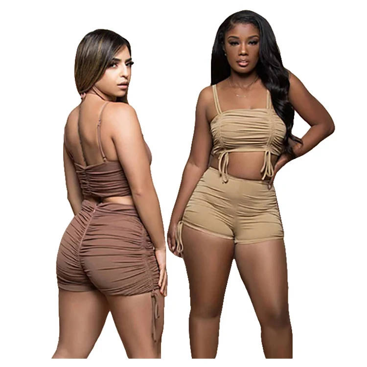 

Fall fashion Tank Top And Shorts Set Two Piece Outfit Drawstring Ruched Sexy Woman Clothing Sets for woman, Brown,black,khaki