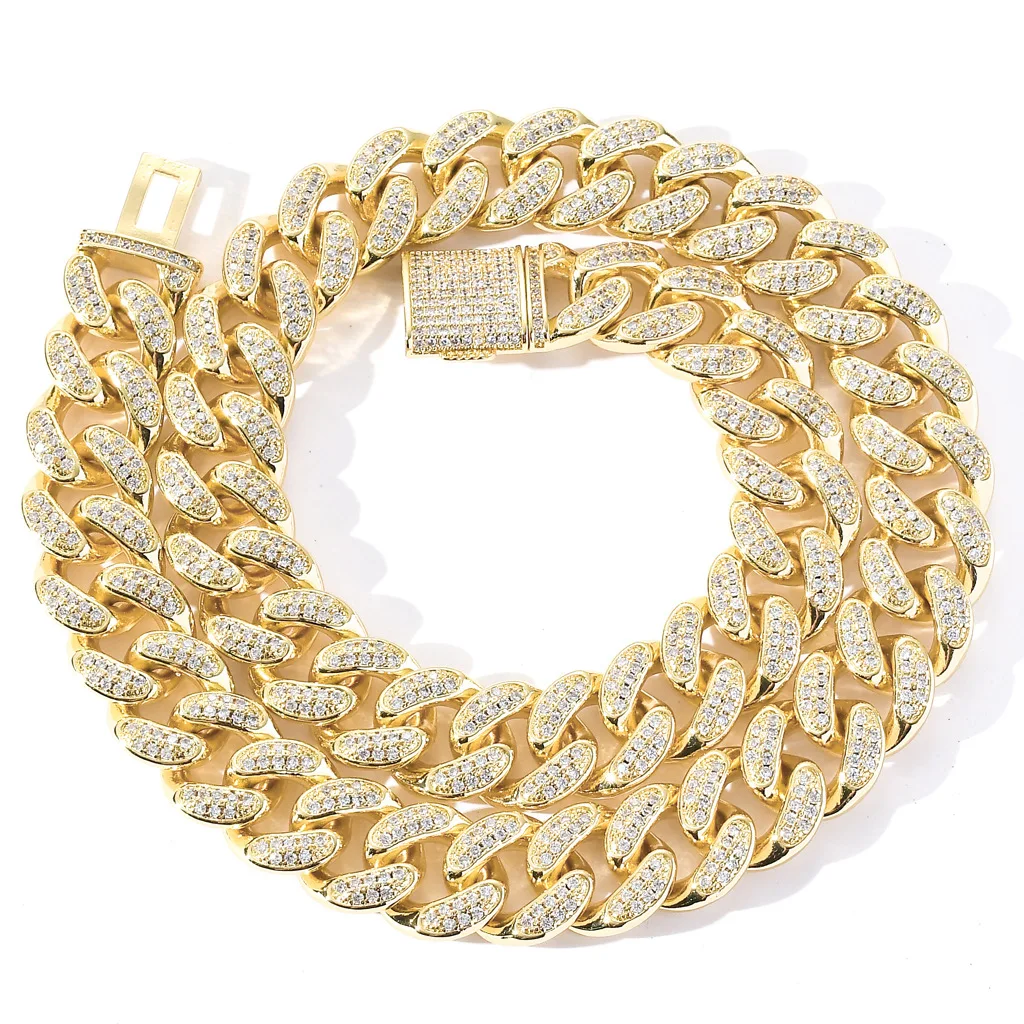 

15mm Hip Hop Men cuban Jewelry Luxury AAA CZ Paved Diamond necklace 18K Gold