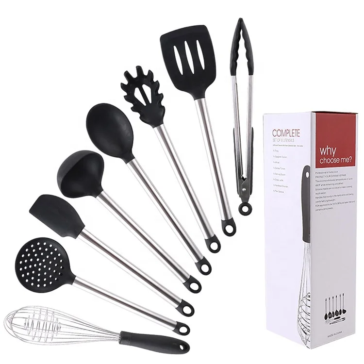 

Wholesale Amazon hot sell black kitchenware 9PCS stainless steel handle reusable silicone kitchen cooking utensil set, Pantone