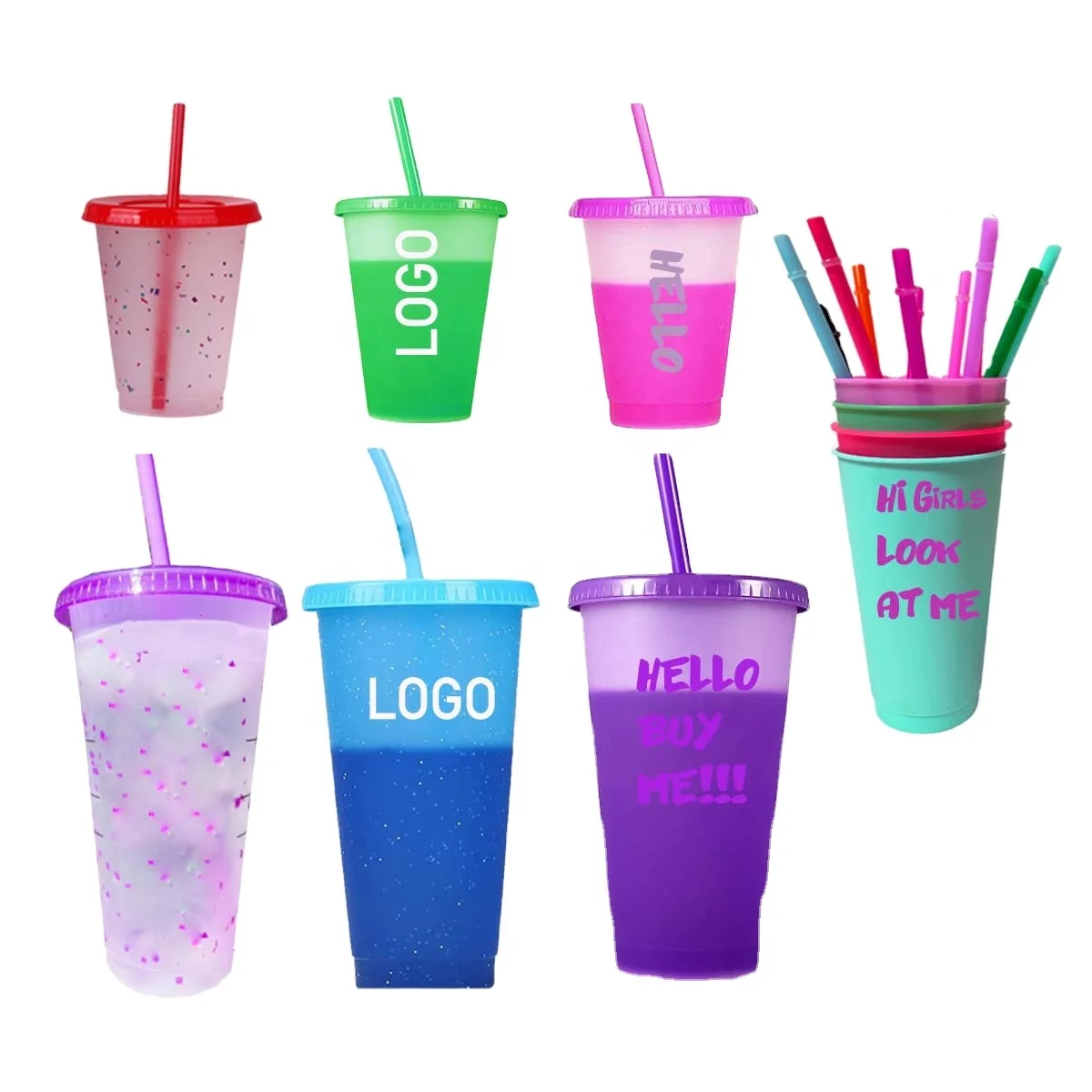 

Wholesale plastic color changing cups 16oz color changing tumblers cold color changing plastic cup with lid and straw, Pink blue, black, white purple and so o