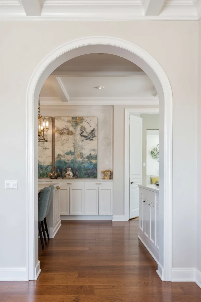 Family enjoying a living room with arched doorway