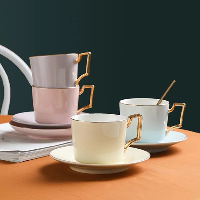 

British Elegant Golden Handle Luxury Ceramic Afternoon Tea Cup Saucer, Blue, pink, purple, yellow