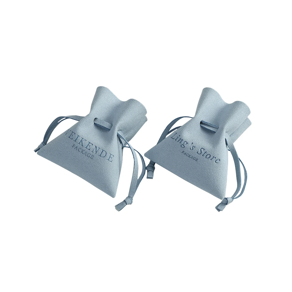 Light Blue Jewelry Packaging Pouch Bag Luxury Small Jewellery Bag Custom Logo Microfiber Drawstring Packaging Bags