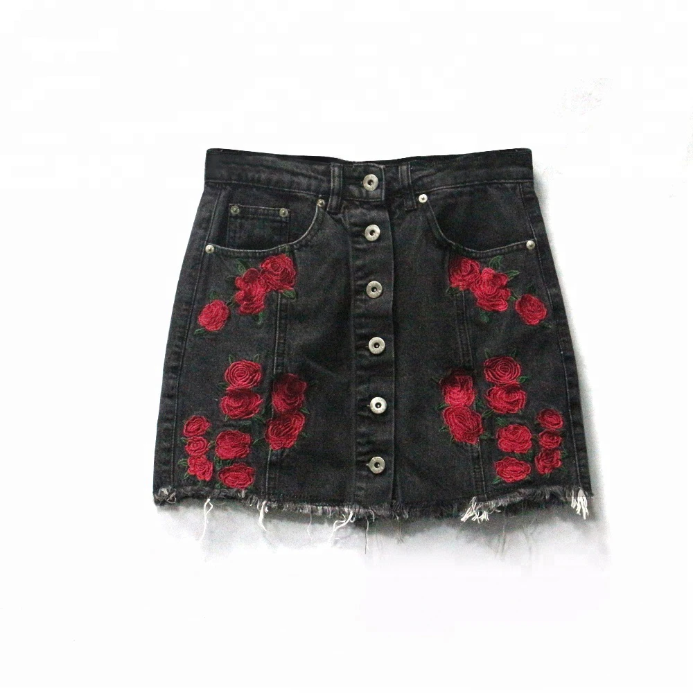 

Latest black button front embroidery flowers denim short skirts for lady, Black or as customers' requested