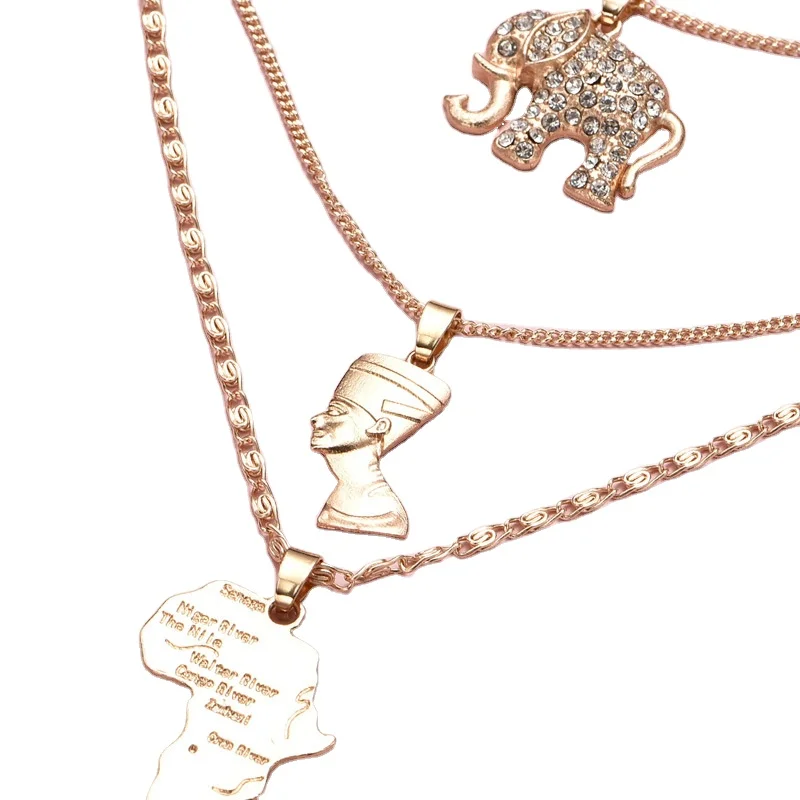 

Multi Layer Portrait Elephant African Map Jewelry Sets Necklace, Gold/oem