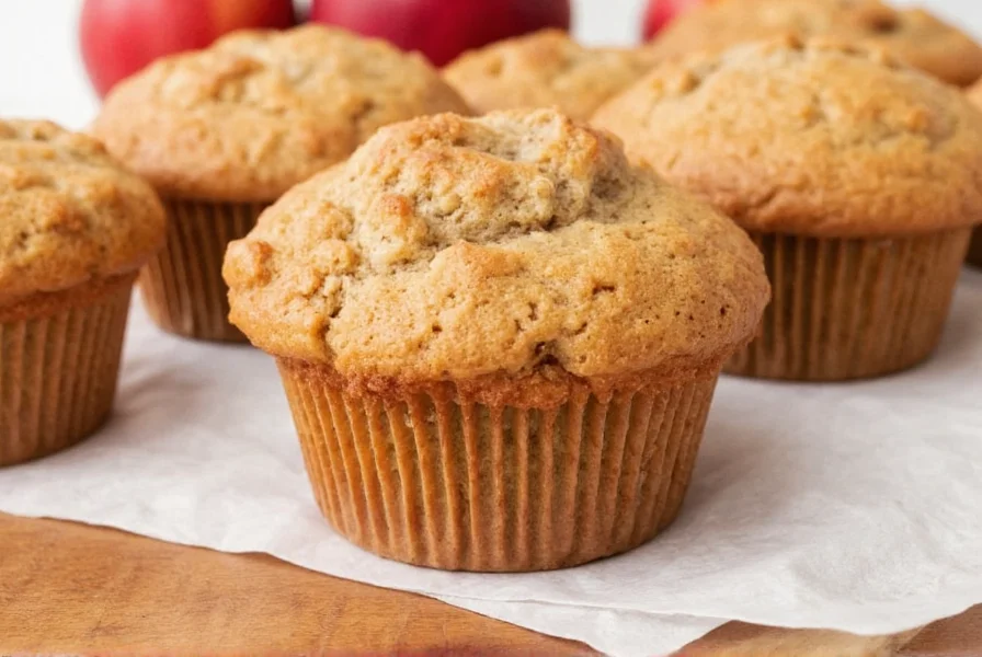 Perfectly golden apple cinnamon muffins with visible apple chunks and cinnamon sugar topping on a rustic baking sheet