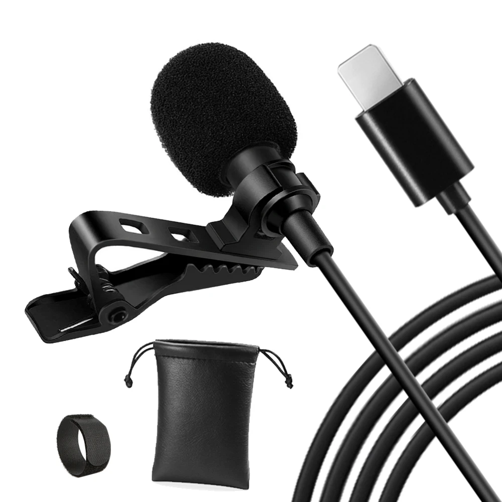 

Portable Wired Mic Lavalier Clip Lapel Microphone With Pouch For I phone Type c 3.5mm Plug For Conference Class, Black