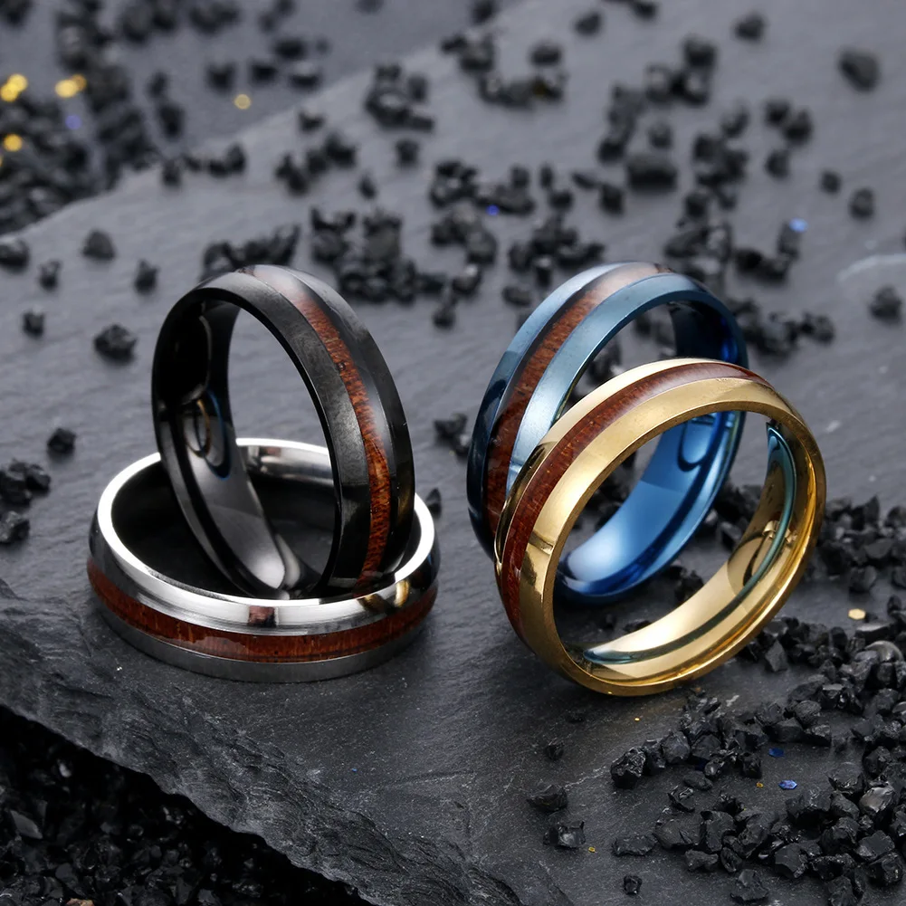 Unisex 6mm Wood Grain Stainless Steel Ring Fashion Creative Arc Cluster Jewelry Classic Style Gift