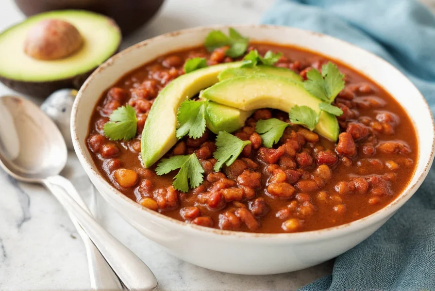 Carb friendly chili served in white bowl with avocado slices and cilantro garnish