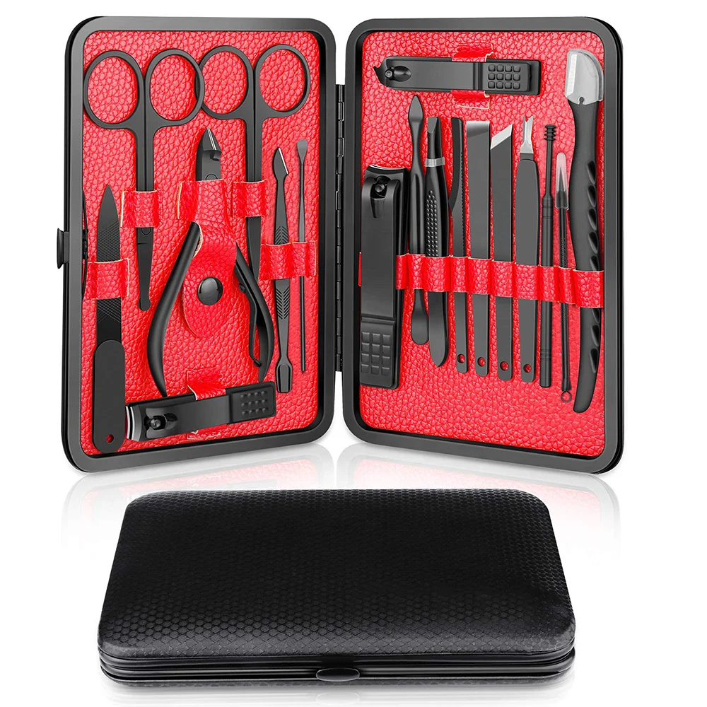 

Hot Sale 2019 Manicure Set Nail Clippers Kit 18 in 1 Grooming Kit Stainless Steel Pedicure Set, Nose Hair Scissors,Eyebrow Razor, Red/black or other custom colors as required