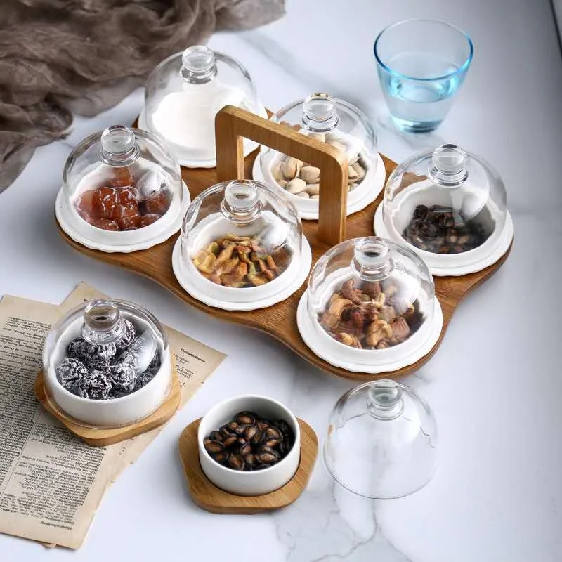 

Serving Tray Set with Ceramics Bowls and lids, Natural