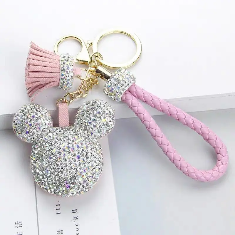 

New Cute Luxury Designer Crystal Cartoon Tassel Key Chain Wrist Leather Key Ring Bag Car Keychain