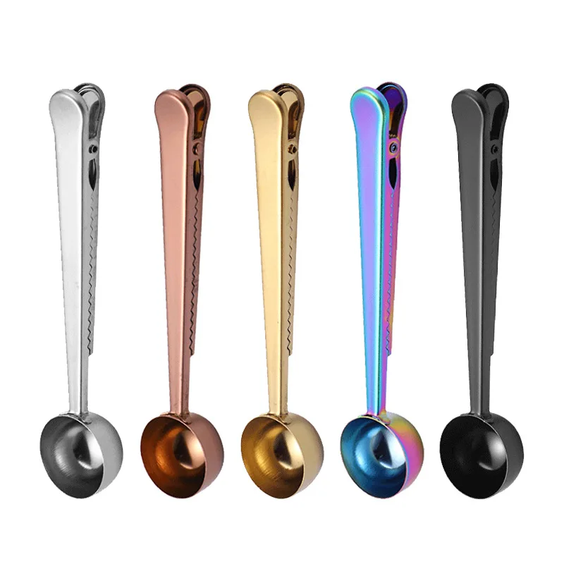 

Stainless Steel Coffee Milk Measuring Spoons Metal Coffee Scoop With Bag Sealing Clips, Silver/gold/rose gold/multicolored/black
