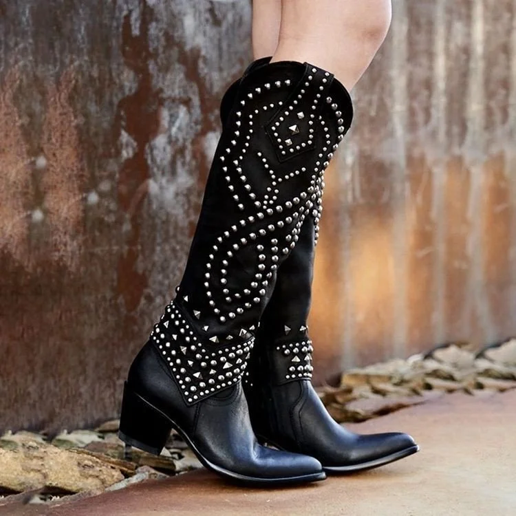 

2020 New Winter Cowboy Knee Boot Fashion Rhinestone Rivet Print Pointed Toe Western Dress Shoes Black Red Ladies Over Knee Boots, Black \red \purple \brown