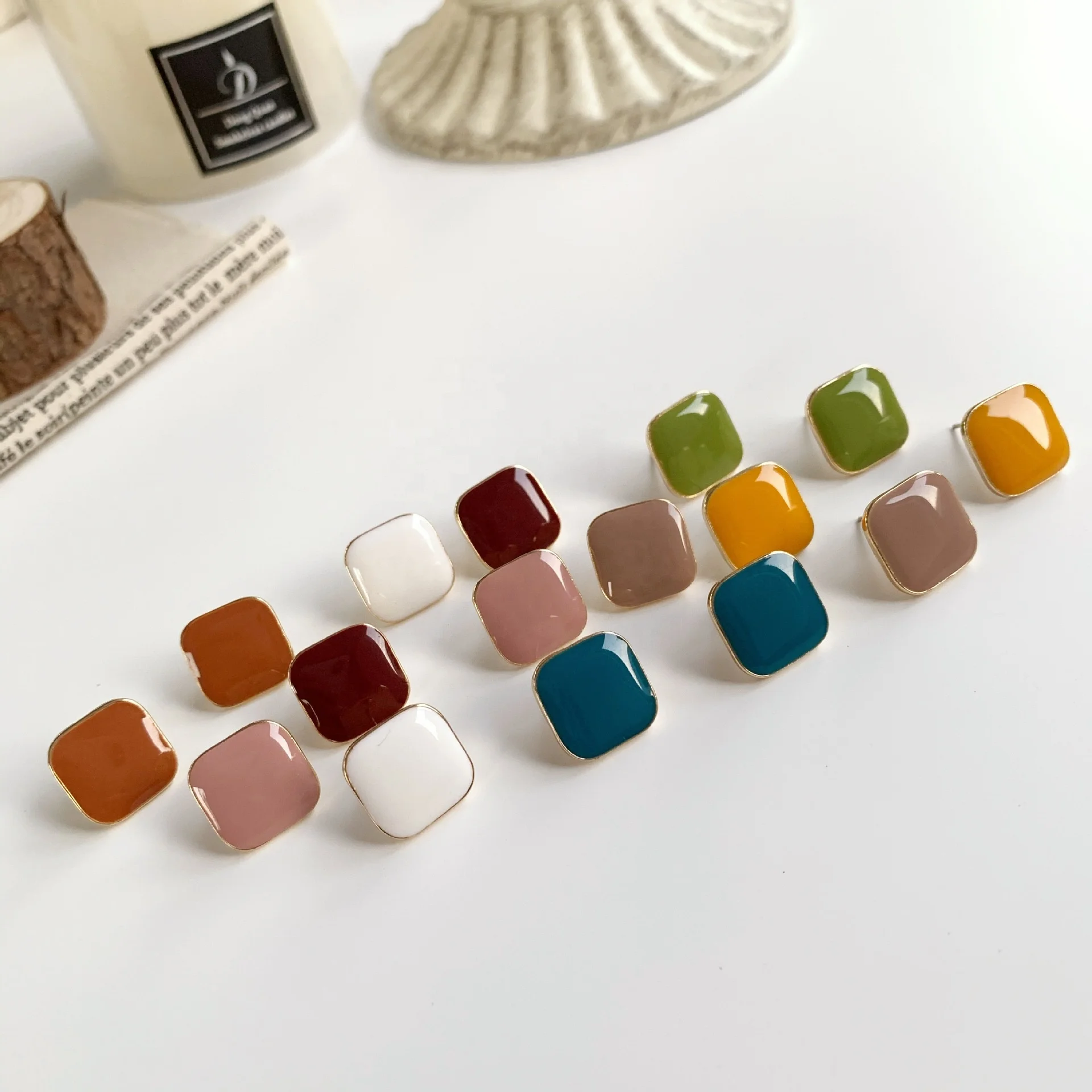 

Kaimei Silver Needle dripping earrings female fashion square design sense geometric enamel small stud korean earrings custom, Many colors fyi