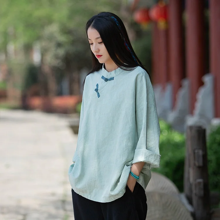 

B22545A Women loose t-shirt fashion pure color retro long sleeve linen shirts