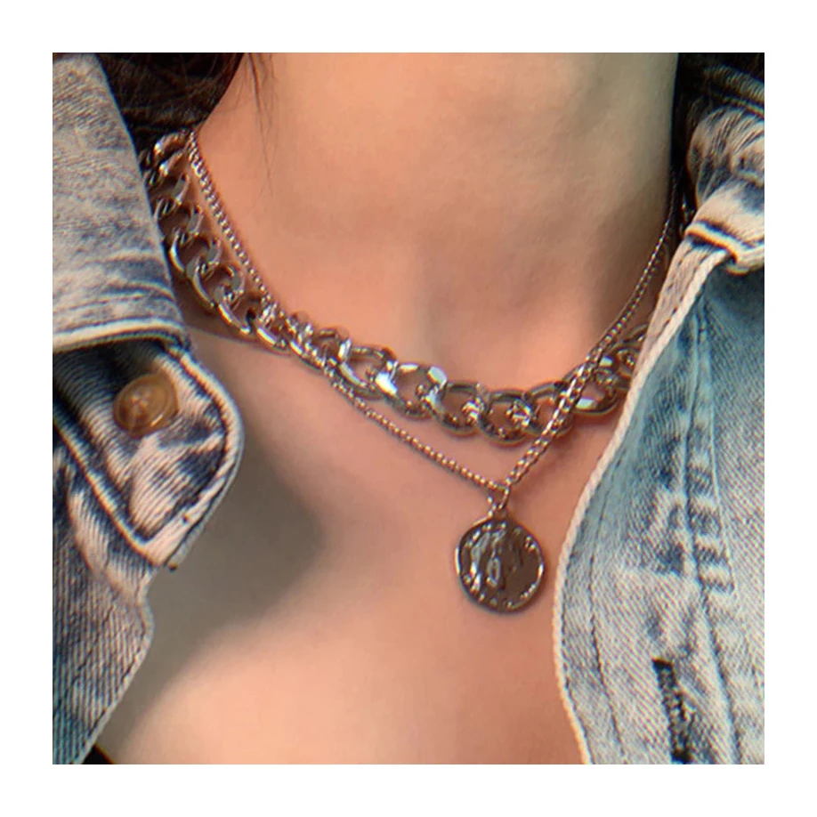 

Vintage Multilayer Coin Chain Choker Necklace For Women Gold Silver Color Fashion Portrait Chunky Chain Necklaces Jewelry, Picture shows