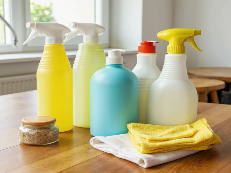 Eco-friendly cleaning supplies on wooden table