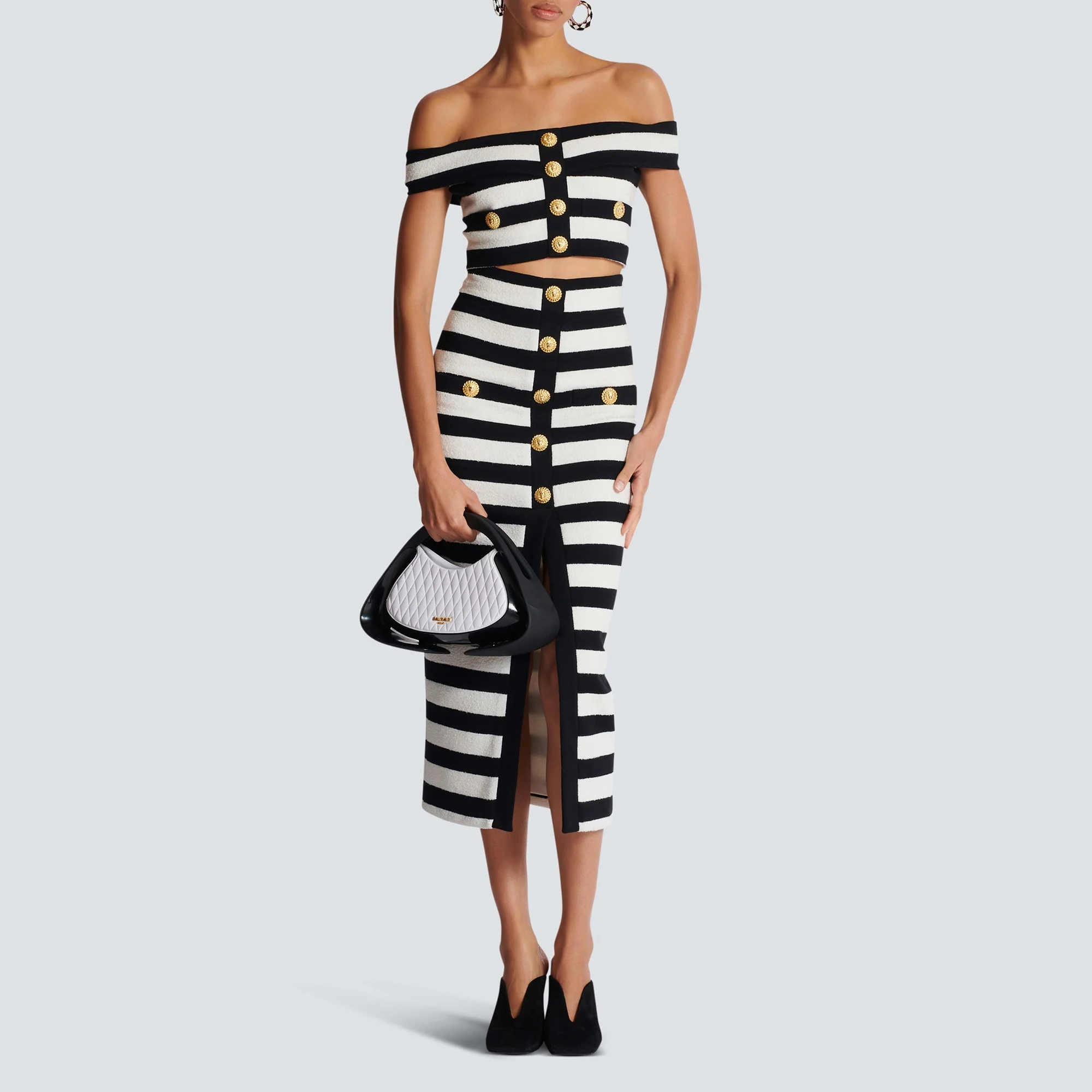 Striped 2 Piece Bodycon Bandage Mid calf Office Dress