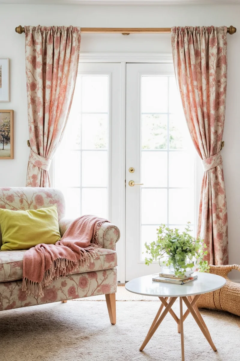 Happy Family Looking Out the Window with Hooked Curtains