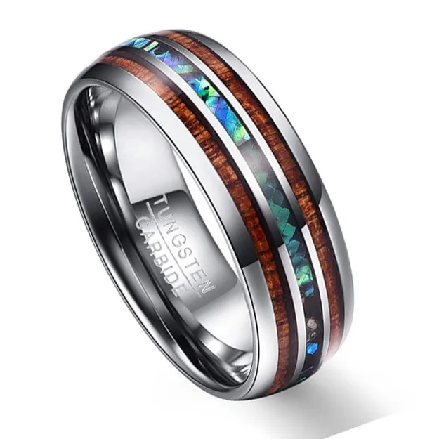 
Luxury High Quality Wood Rainbow Ring Craft Bevel Edge Comfort Fit Silver Tungsten Rings Hawaiian Jewelry Wholesale Women men 