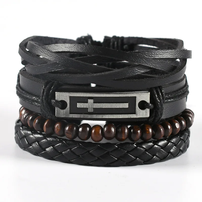 

Vintage Men's Alloy Cross Cowhide Bracelet Braided Leather Bracelet 4-piece Set