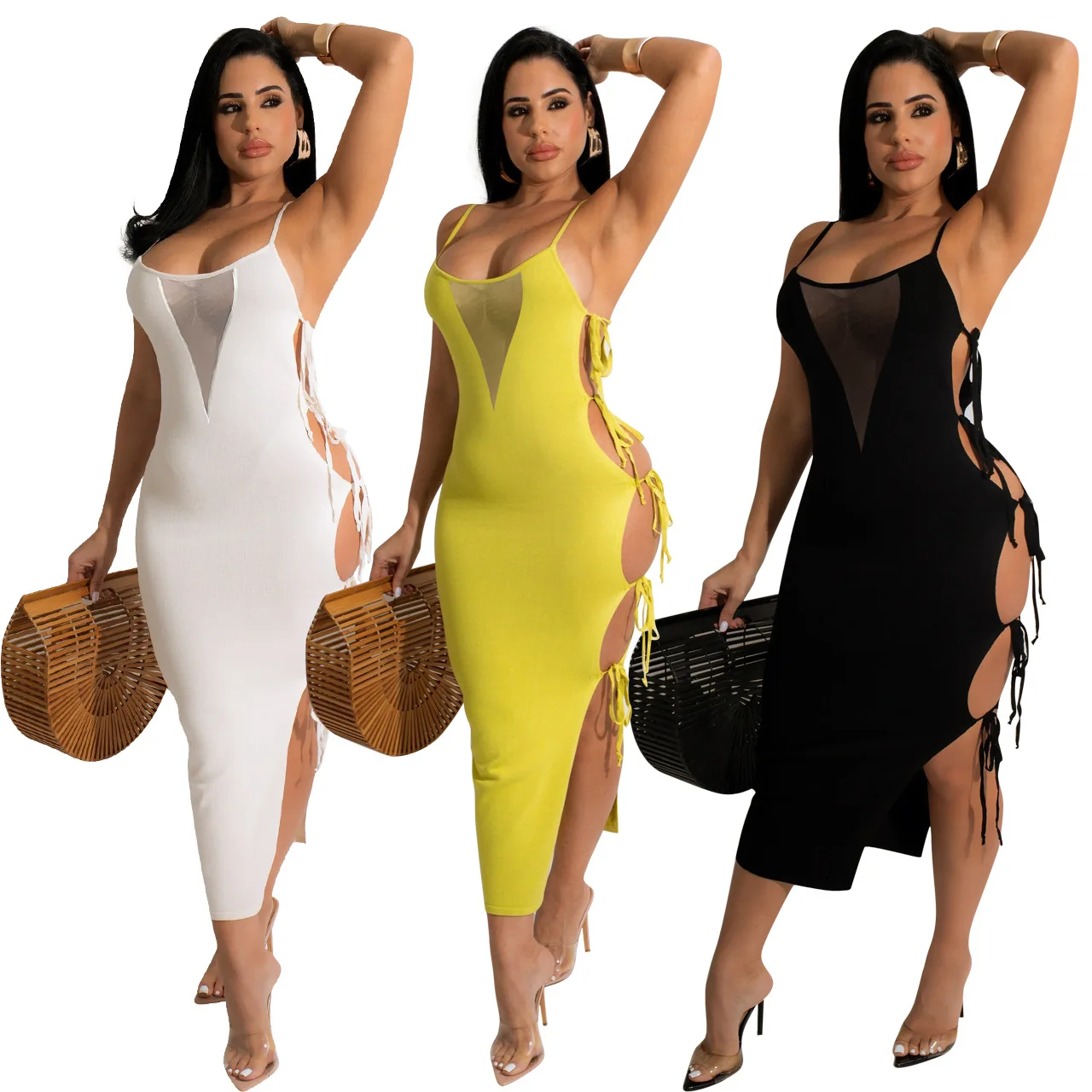 

C0305TA46 New Design Solid Color Mesh Spliced Hollow Out Slim Sling Dress Sehe Fashion