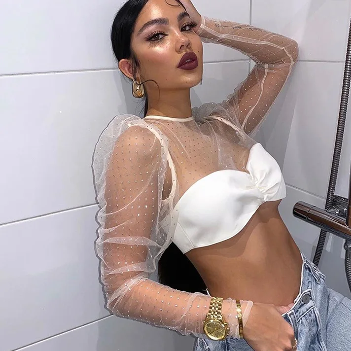 

Fashion Sexy Crop Tops Female Mesh Dot White Solid Women Tops Tee X00105C Long Sleeve 2020 Spring Summer Full Eco-friendly Short, Black