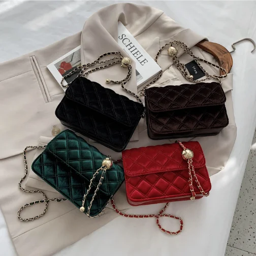 

2021 rhombus chain bag winter versatile velvet shoulder crossbody purses elegant lady handbags, 4 colors