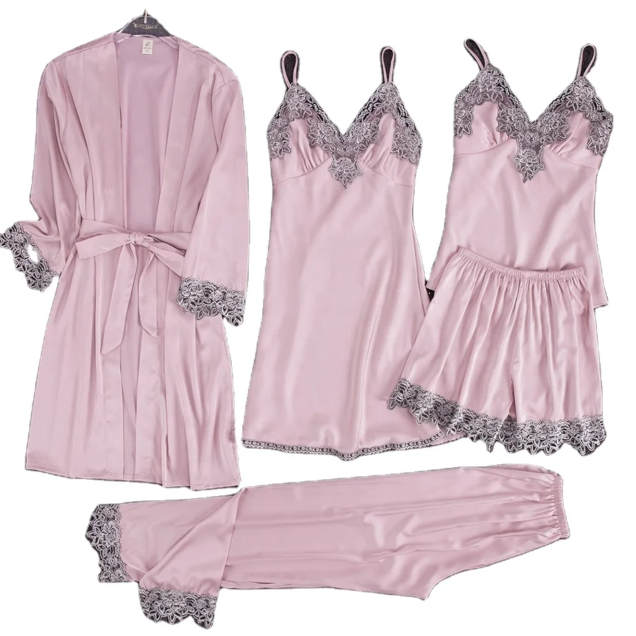

Women's Sexy Sleepwear 5pcs Set Pajamas With Chest Pad Silky Satin Lace Nightwear Robe, 5 colors