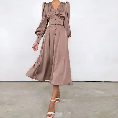 

Puff Sleeve Spring Satin Long Dress Women V-Neck Party Pleated Dress Brown Elegant Bodycon Dress Ladies Chic Ruched