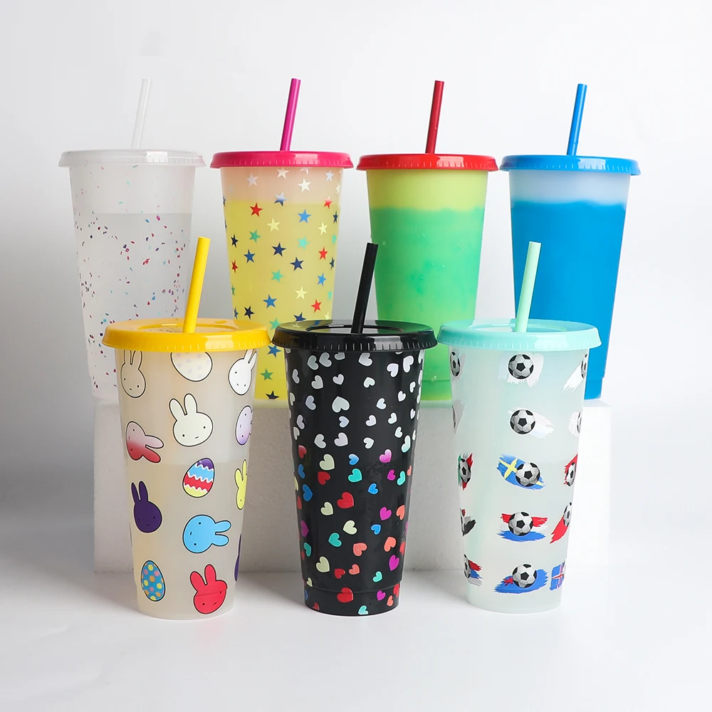 

Portable Color Changing Cold Coffee Mug Unbreakable Ice Custom PP Plastic Water Cup With Straw, Customized