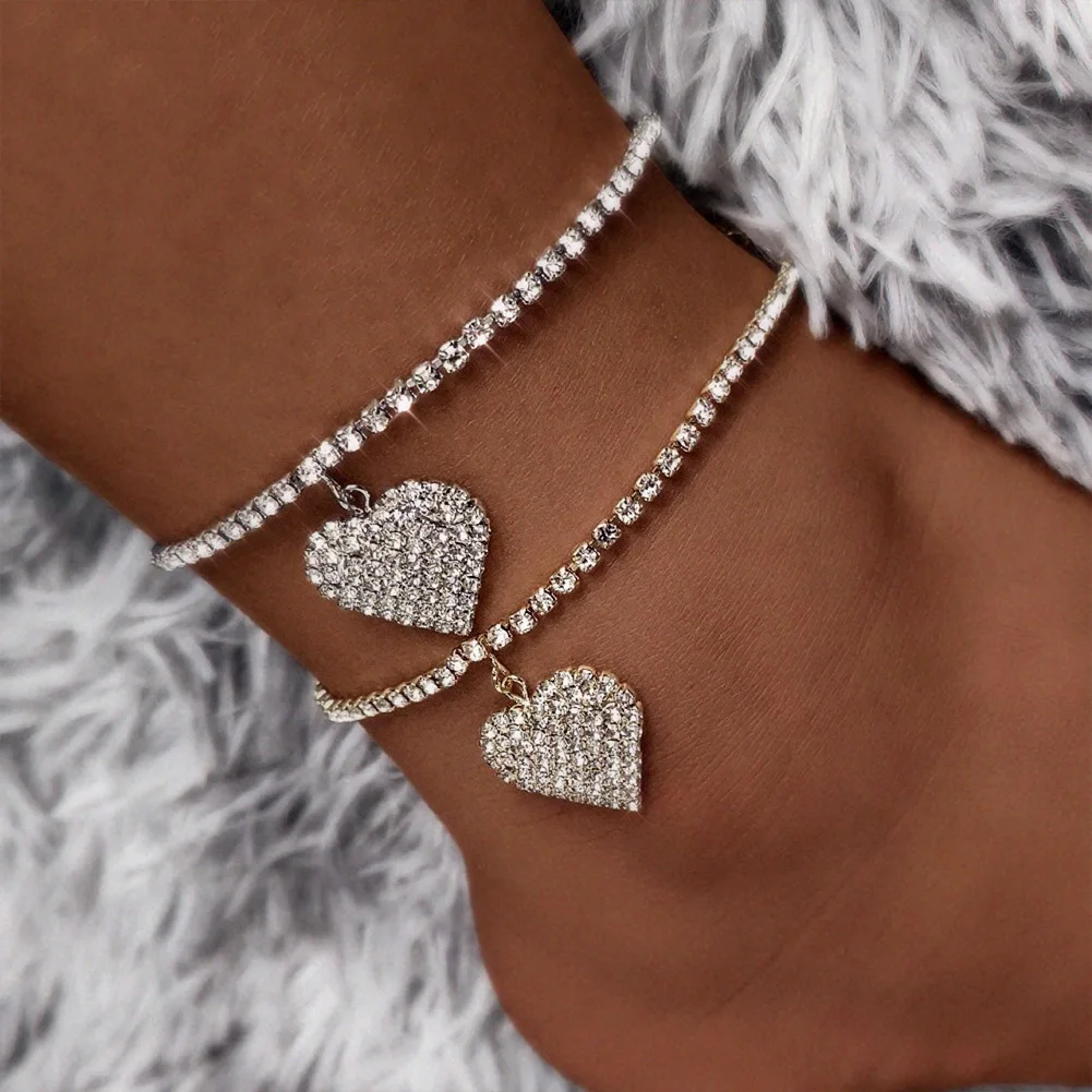 

High Quality Blinged Crystal Rhinestone Charm Barefoot Chain Jewelry Lover Heart Pendant Anklet Women, Gold,silver color