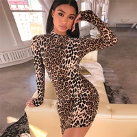 

A91192 Wholesale fashion sexy O neck long sleeve casual lady leopard printed bodycon mini dress for women clothing 2019