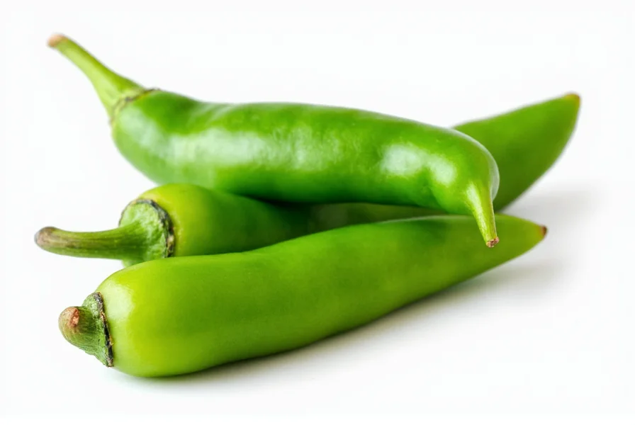 Close-up of fresh green serrano peppers on white background showing smooth skin and tapered shape