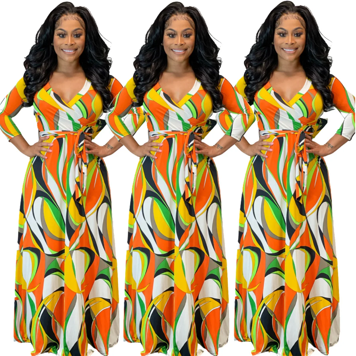 

New Arrival Fall 2021 Women Clothes Elbise Long Sleeve V Neck Bandage Print Maxi Elegant Casual Boho Dress, Customized