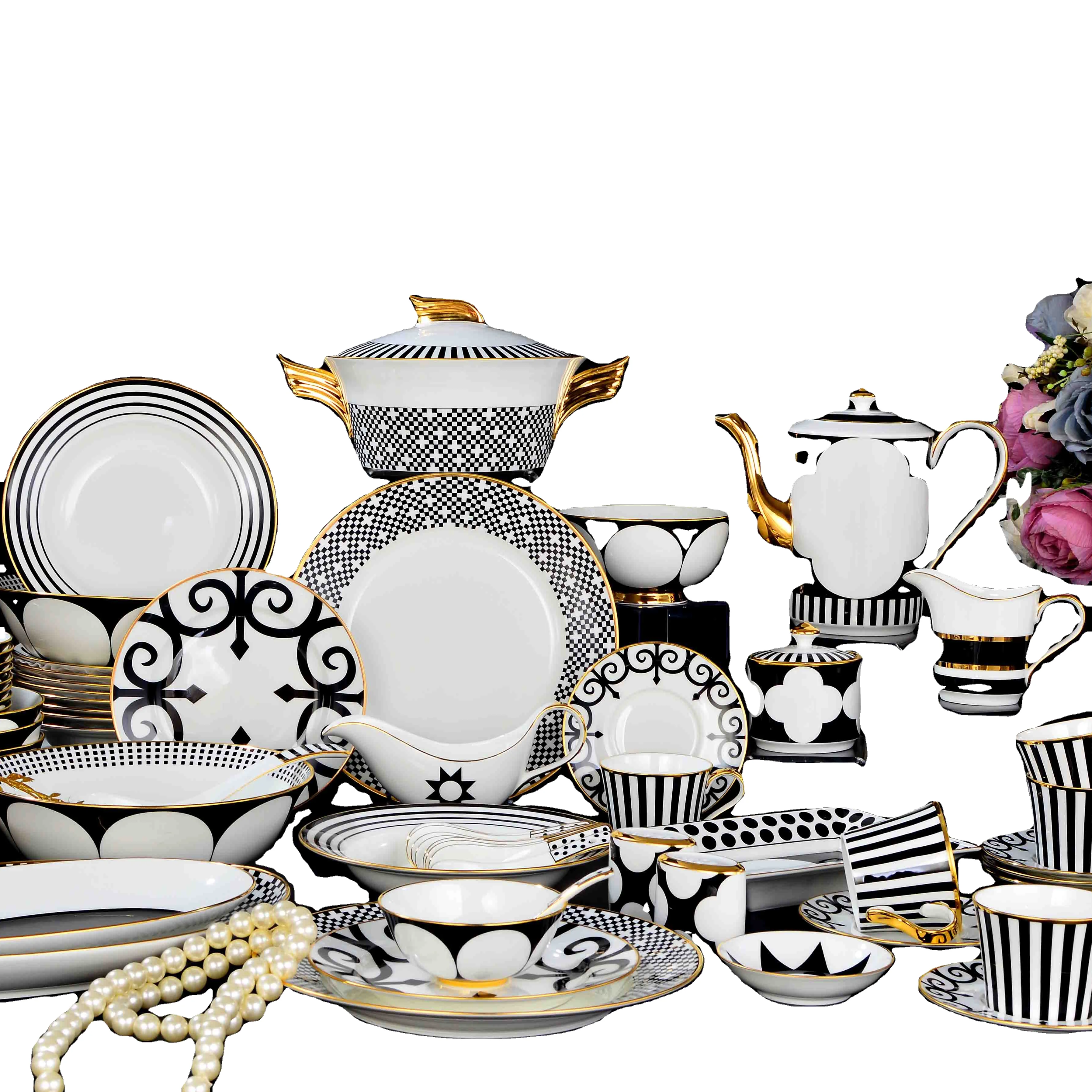 

Hot Selling Luxury Gold Rim Dinnerware Sets Fine Bone China Tableware Sets, Gold and white