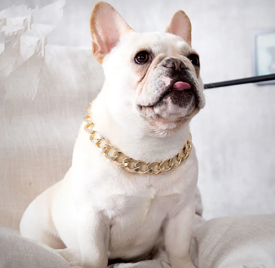 

Wholesale Pet Fashion Cuban Necklace French Fighting Small and Medium-sized Gold chain Pet necklace jewelry accessories