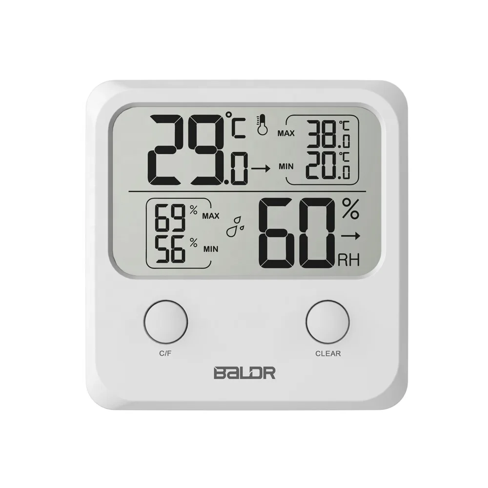 

BALDR B0335 Digital Indoor Thermometer Hygrometer Clock Temperature Monitor Humidity Gauge With Max/Min Records, White