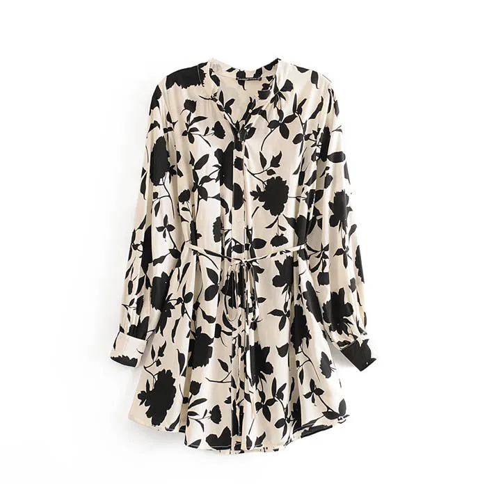 

cs064 Women Long Design Sashes Slim Waist Black Floral Print Rayon Blouse Stylish Long Sleeve Shirts Blusas Clothing