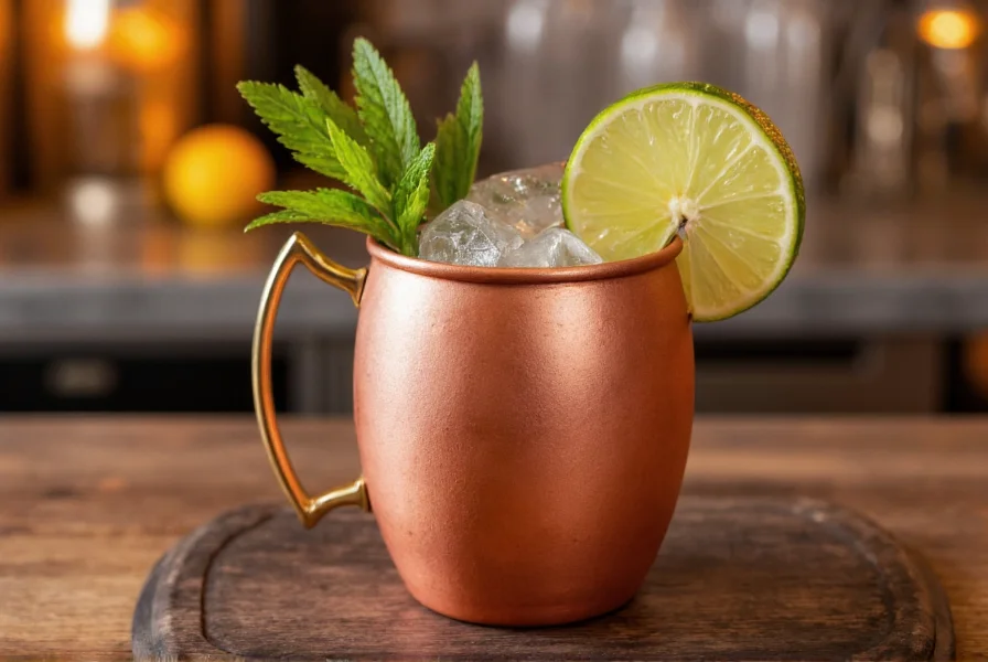 Classic Moscow Mule cocktail in traditional copper mug with lime wedge garnish