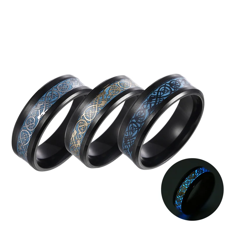 

Fashion Retro Glow In The Dark Stainless Steel Carbon Fiber Black Fluorescent Luminous Dragon Ring For Men, Picture color or custom