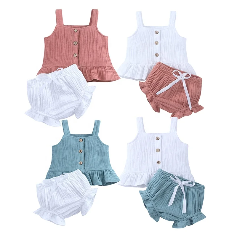 

KTFS Australia US Baby Girls Clothing Sets Sleeve Tank Tops Straps Bloomers Solid Summer Linen Infant Clothing Sets, Picture shows