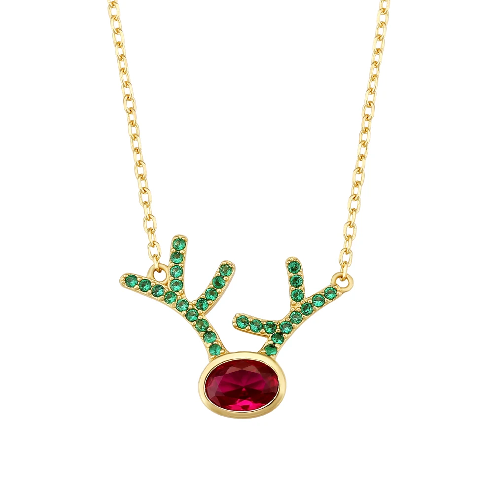 

KRKC Christmas Jewelry Gift Elk Deer Antlers 14K Real Gold Plated 925 Sterling Silver Gemstone Pendant Necklaces for women