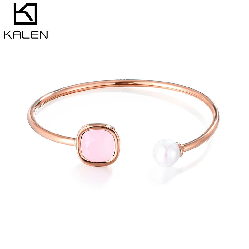 

Highly Polished Rose Gold Color Slim Bangles Bracelets Stainless Steel Cuff Bangles with Pink Beads, Other