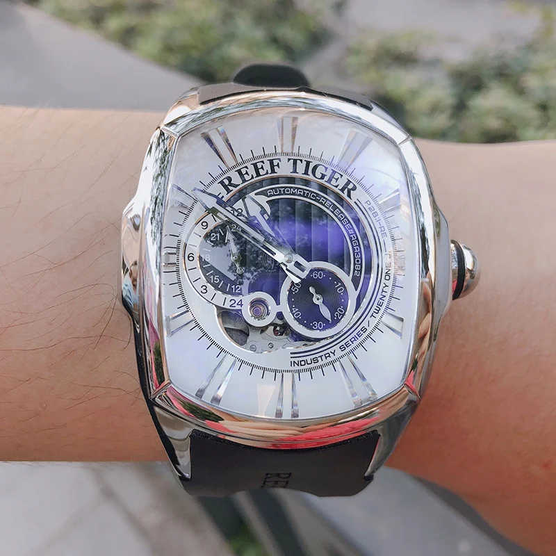 

Reef Tiger New Arrival Mens Steel Watches Men Case Blue Dial Rubber Strap Watch Waterproof Automatic Watch RGA3069S