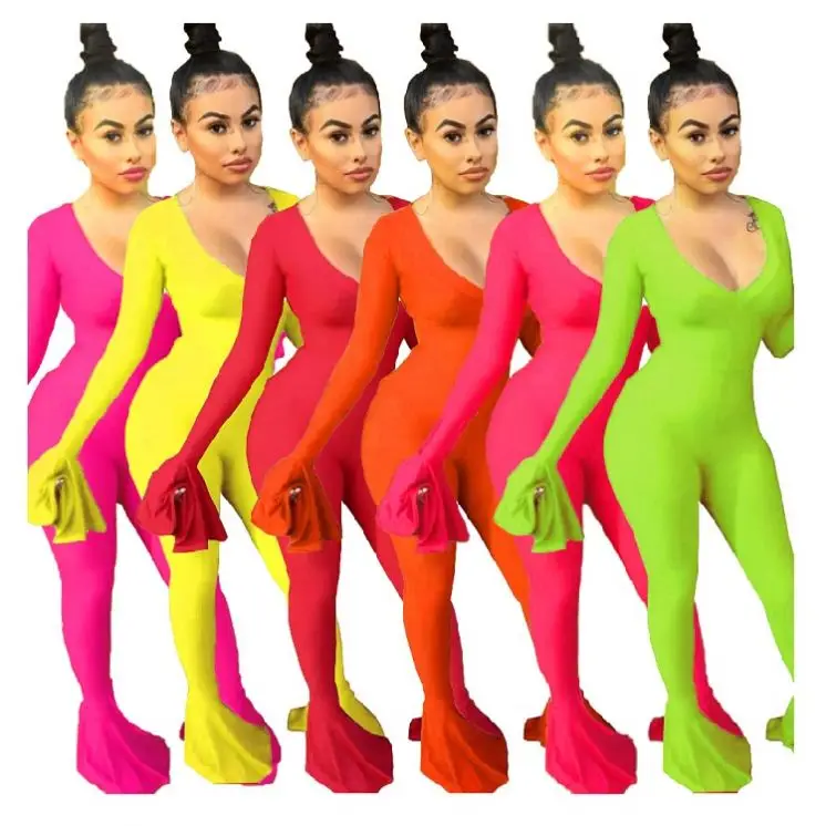 9111833 new style 6 colors v neck flared cute Bodycon Casual Long Sleeve Jumpsuit